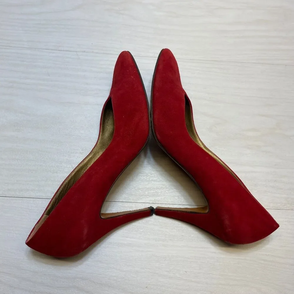 Vintage Yves Saint Laurent Heel Pumps Women Size 8 N Red Suede Pointed Toe - Picture 2 of 11